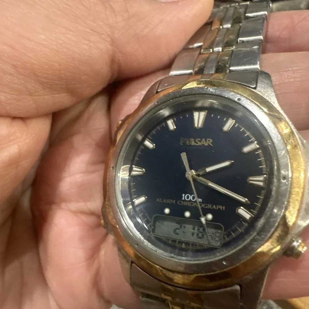 Works Pulsar Mens Watch Blue Dial 100m Analog Digital Alarm Chrono 41mm Fit 7.5